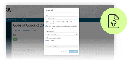 Thanks to PROXORA compliance measures managements, questionnaires can be distributed "top-down" Easily select target groups and assign compliance measures by authorization